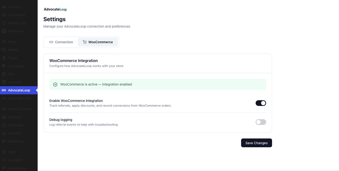 AdvocateLoop WooCommerce add-on settings tab in WordPress with the order-tracking toggle